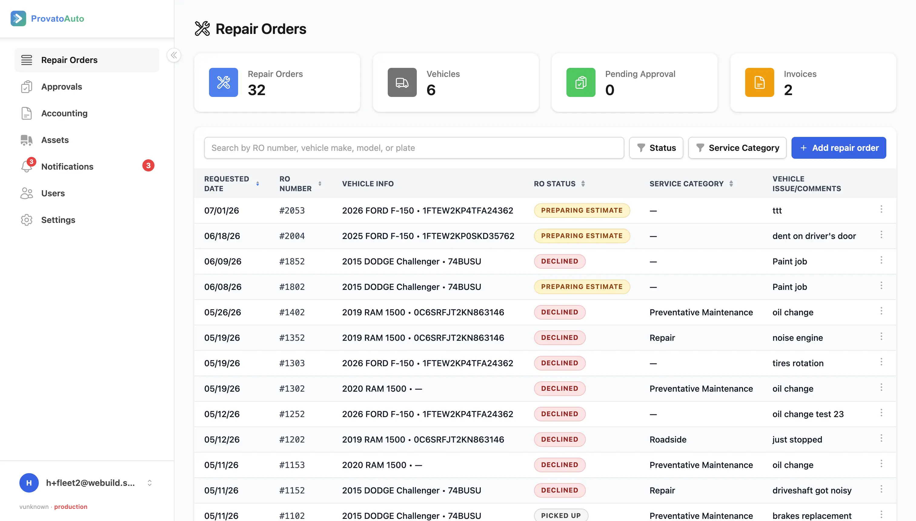 Fleet Portal dashboard with KPI cards for repair orders, vehicles, pending approval and invoices, above a list of fleet repair orders with their statuses