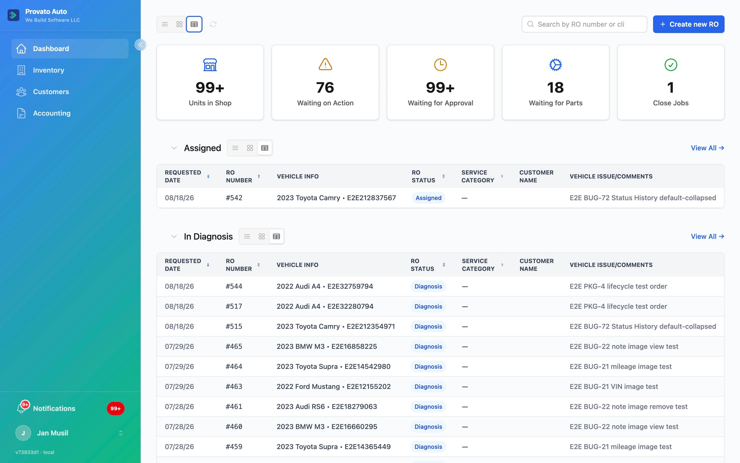 Shop dashboard with summary count cards for units in shop, waiting on action, waiting for approval, waiting for parts and closed jobs, above a work queue of repair orders grouped by stage such as assigned and in diagnosis